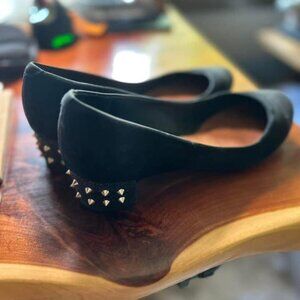 SCHUTZ Black Suede Spiked Block Heel Glitter Toe Size 7.5